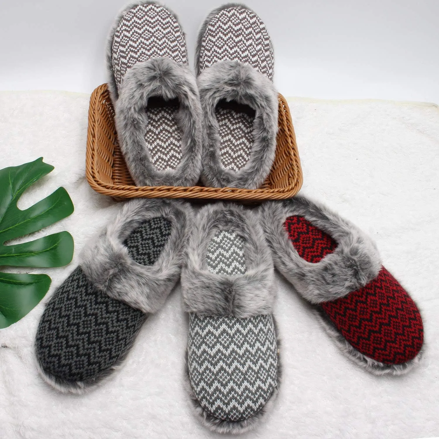 ofoot Womens Soft Comfortable Warm Furry Faux Fur House Knitted Slippers With Memory Foam Non Slip Indoor Outdoor Rubber Sole