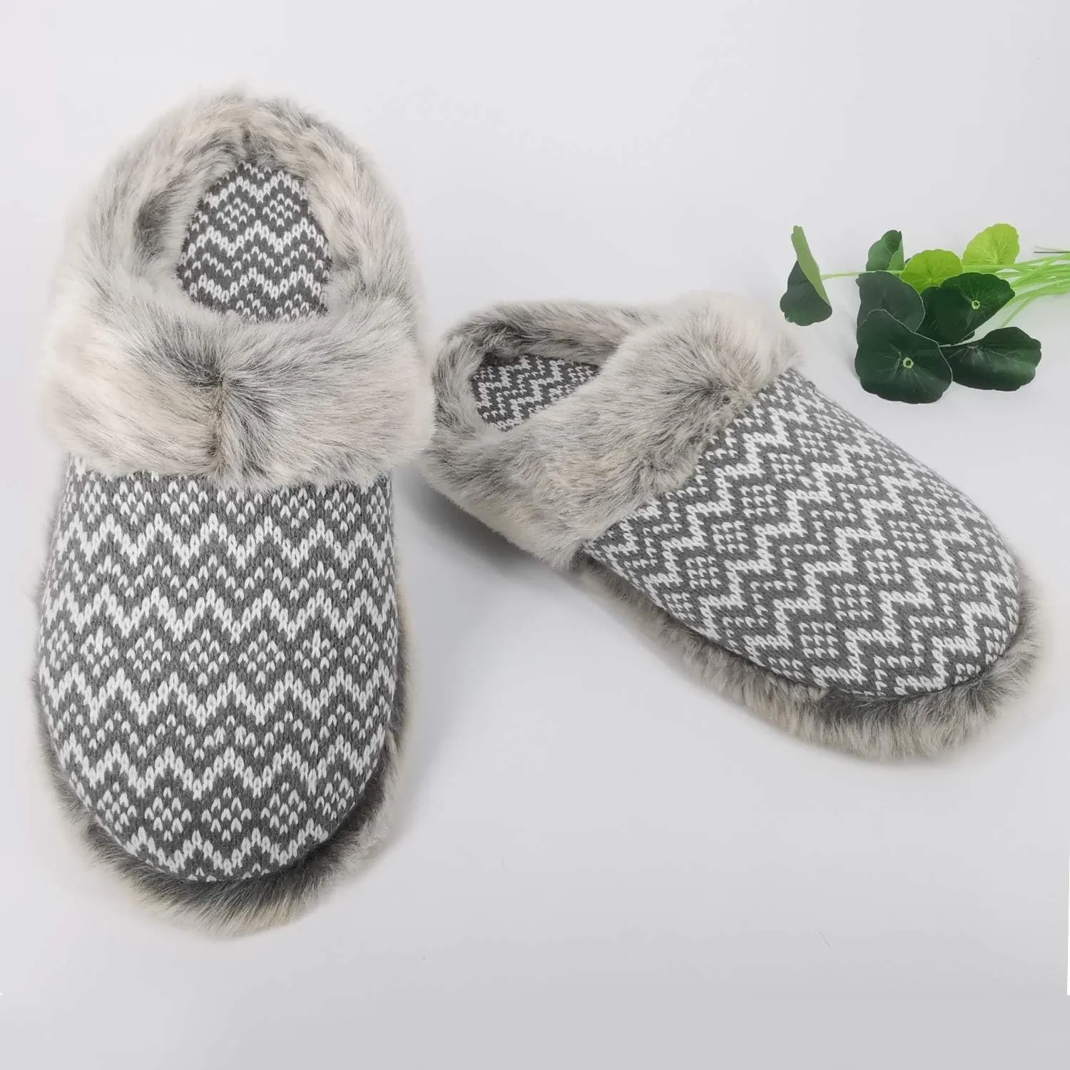 ofoot Womens Soft Comfortable Warm Furry Faux Fur House Knitted Slippers With Memory Foam Non Slip Indoor Outdoor Rubber Sole