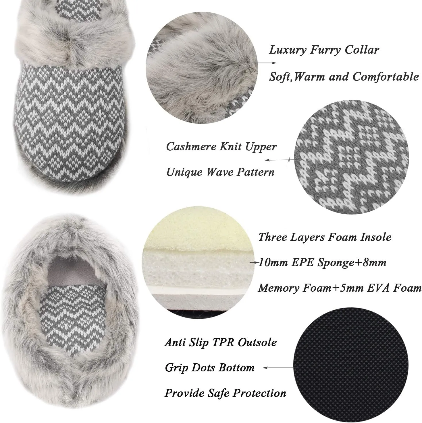 ofoot Womens Soft Comfortable Warm Furry Faux Fur House Knitted Slippers With Memory Foam Non Slip Indoor Outdoor Rubber Sole