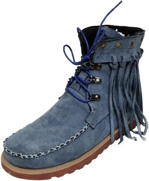 oiangi Fringed Ankle Boots for Women Flat Vintage Round Toe Suede Lace Up Tassel Studded Non-slip Booties Solid Color Casual Comfort Outdoor Ladies Shoes