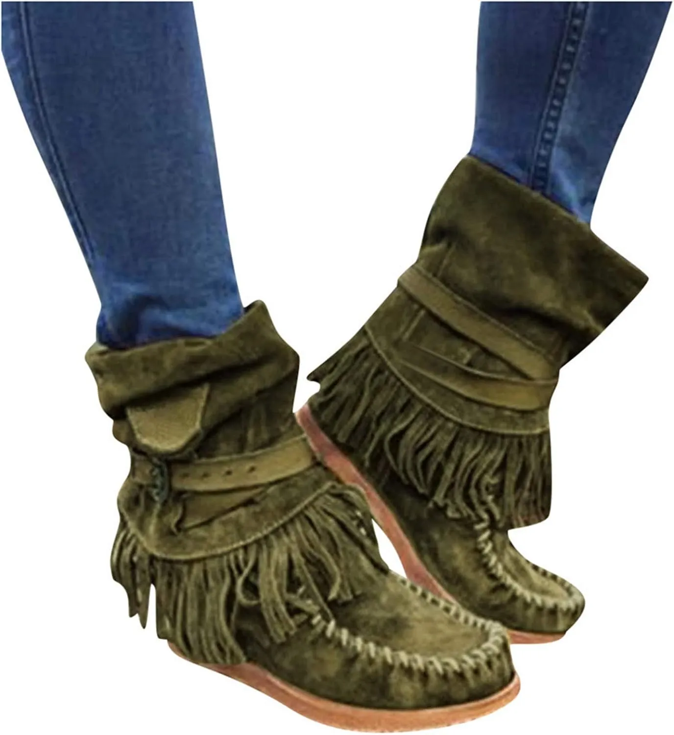 oiangi Women's Ankle Boots & Booties Fashion Tassel Round Toe Buckle Slip On Platform Short Boots Retro Comfortable Casual Fringe Flat Shoes