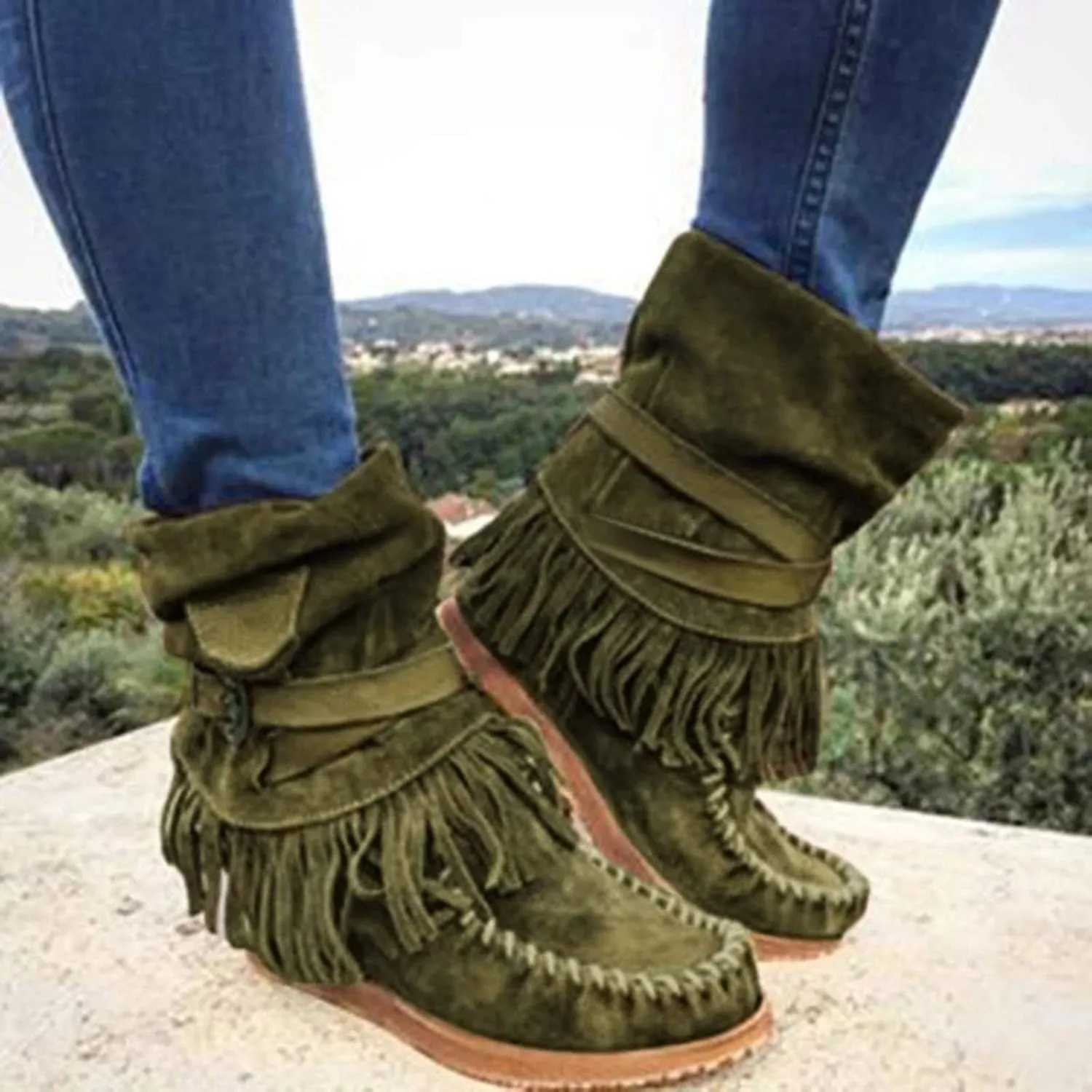 oiangi Women's Ankle Boots & Booties Fashion Tassel Round Toe Buckle Slip On Platform Short Boots Retro Comfortable Casual Fringe Flat Shoes