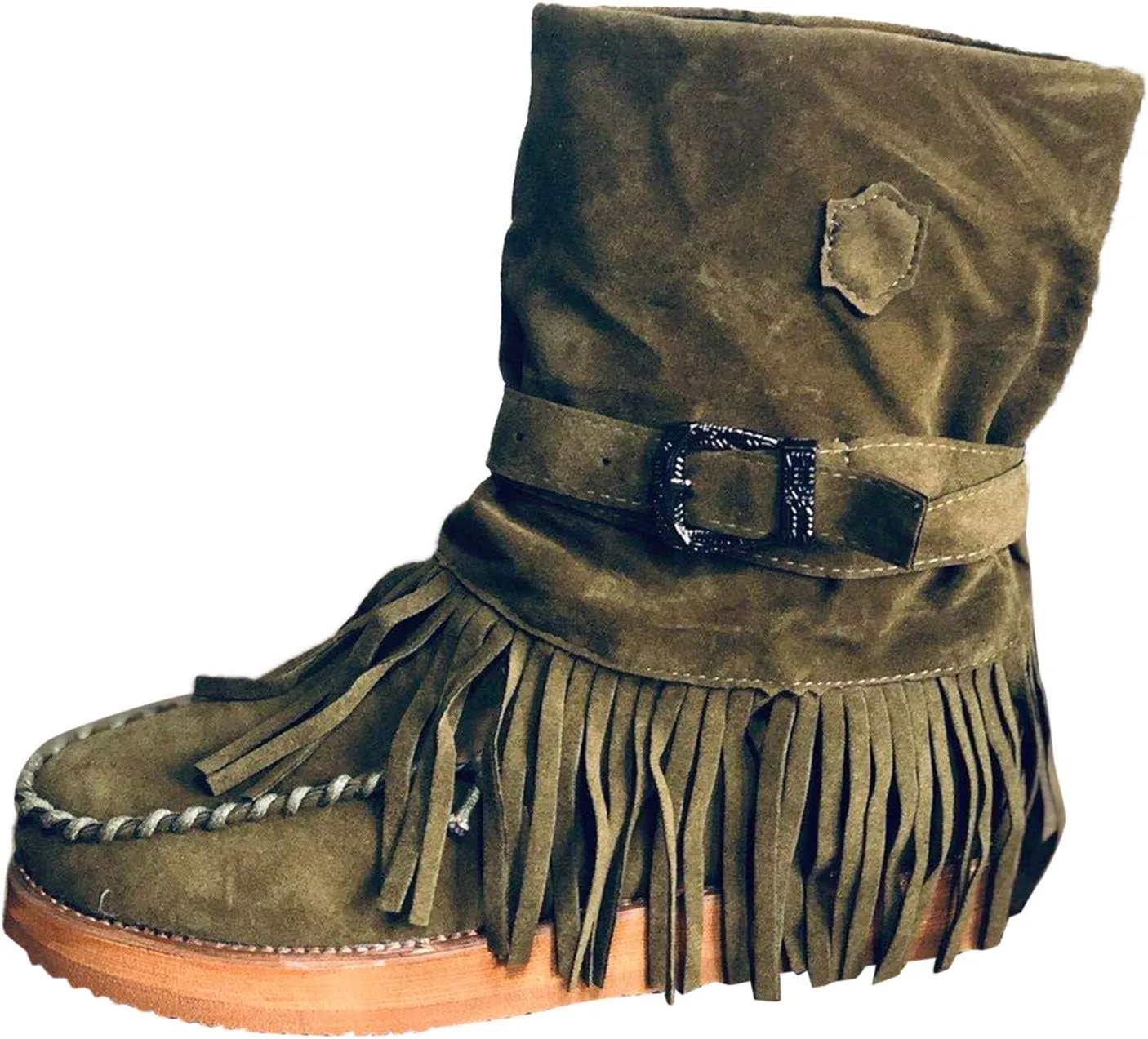 oiangi Women's Ankle Boots & Booties Fashion Tassel Round Toe Buckle Slip On Platform Short Boots Retro Comfortable Casual Fringe Flat Shoes