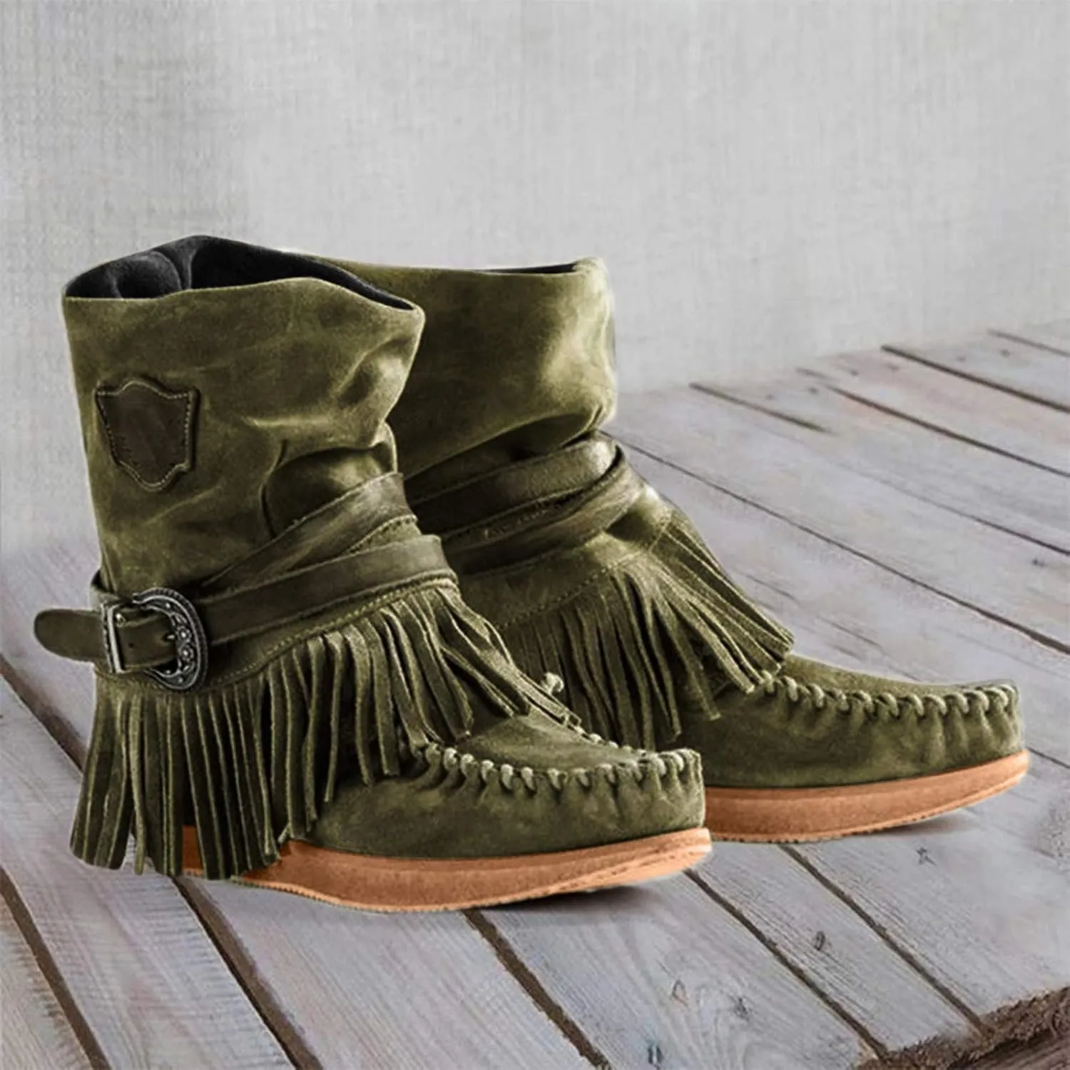 oiangi Women's Ankle Boots & Booties Fashion Tassel Round Toe Buckle Slip On Platform Short Boots Retro Comfortable Casual Fringe Flat Shoes