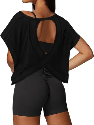 Open Back Workout Tops for Women Loose Fit Athletic Crop Tee Short Sleeve Gym Running Yoga Shirt