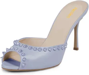 Pazzion Women Chic Studs Macaron Color Sandals High Heels Sexy Peep Toe Mules Slip On Stylish Event Club Shoes Size 4-16 US