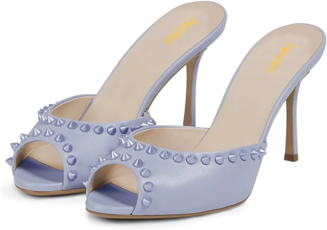 Pazzion Women Chic Studs Macaron Color Sandals High Heels Sexy Peep Toe Mules Slip On Stylish Event Club Shoes Size 4-16 US