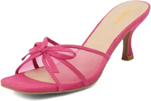 Pazzion Women Comfy Open Square Toe Mules Bowknots Kitten Heel Slippers Mid Heel Mesh Slip On Pumps Casual Daily Shopping Dress Shoes Size 4-16 US