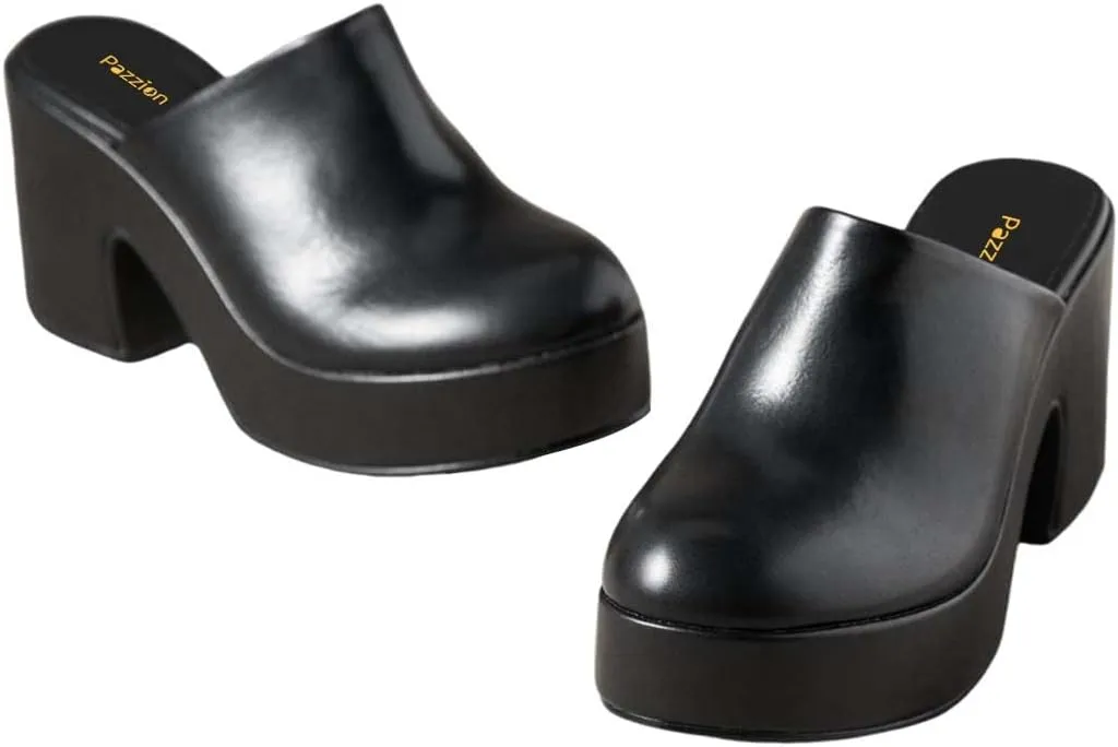 Pazzion Womens Comfy Thick Platform Closed Rounded Toe Mules Clogs Slip On Chunky High Heel Slipper Versatile Indoor Shopping Shoe Size 4-16 US