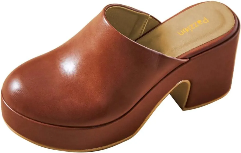 Pazzion Womens Comfy Thick Platform Closed Rounded Toe Mules Clogs Slip On Chunky High Heel Slipper Versatile Indoor Shopping Shoe Size 4-16 US