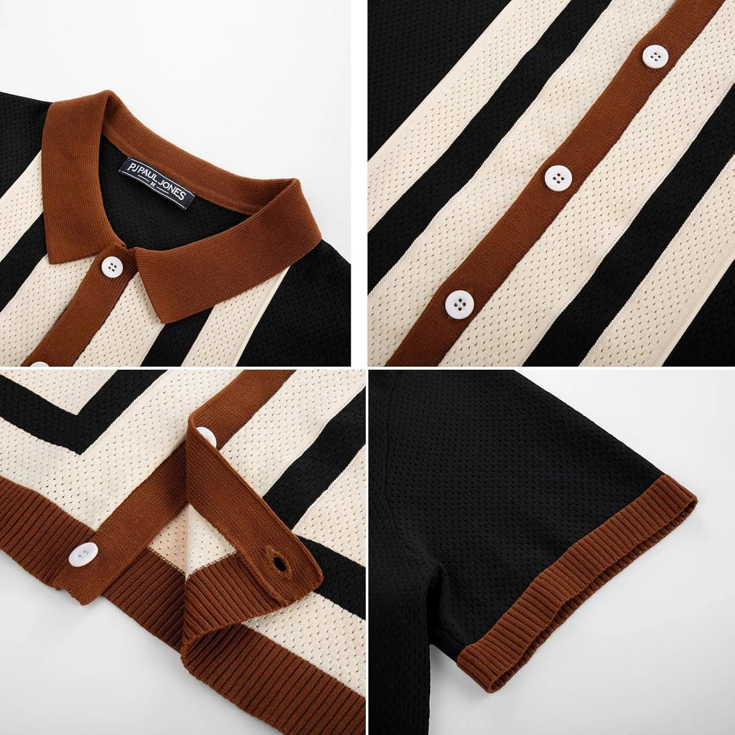 PJ PAUL JONES Mens Polo Shirts Vintage Striped Button Down Knitted Golf Shirts