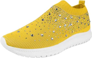 Rhinestones Casual Shoes or Women Slip On Sparkly Cushioned Footbed Soft Padded Insole Arch Support Jogging Tennis Sneakers Breathable Comfy Lightweight Walking Shoe for Gym Travel Daily Wear