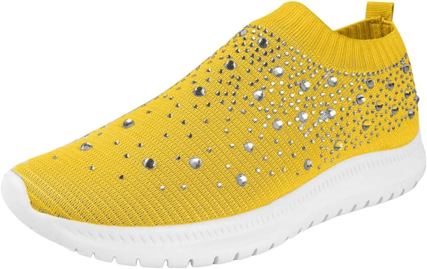 Rhinestones Casual Shoes or Women Slip On Sparkly Cushioned Footbed Soft Padded Insole Arch Support Jogging Tennis Sneakers Breathable Comfy Lightweight Walking Shoe for Gym Travel Daily Wear