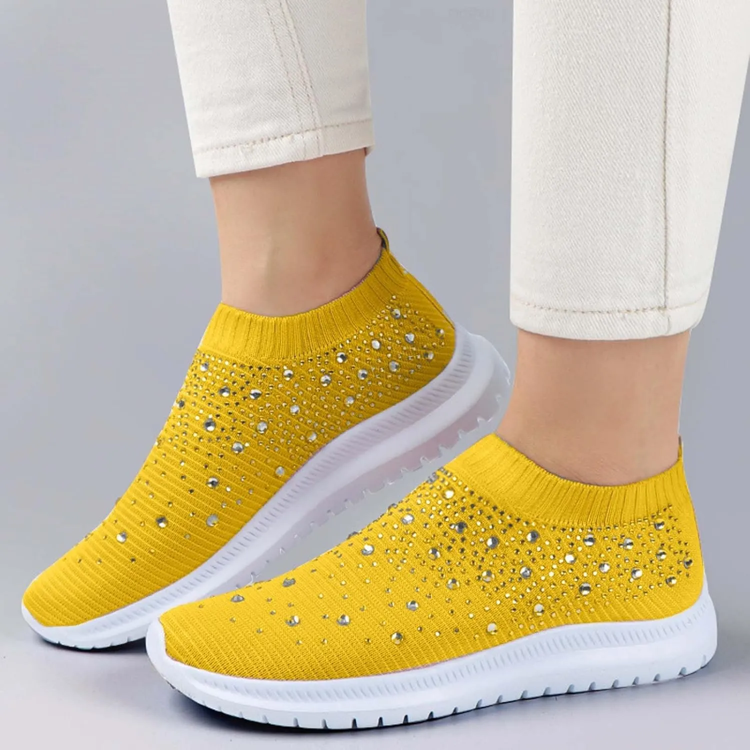 Rhinestones Casual Shoes or Women Slip On Sparkly Cushioned Footbed Soft Padded Insole Arch Support Jogging Tennis Sneakers Breathable Comfy Lightweight Walking Shoe for Gym Travel Daily Wear