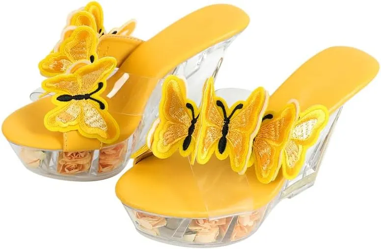 richealnini Butterfly Slip On Slippers Wedge Heels Mules for Women Slide Sandals Clear Heel