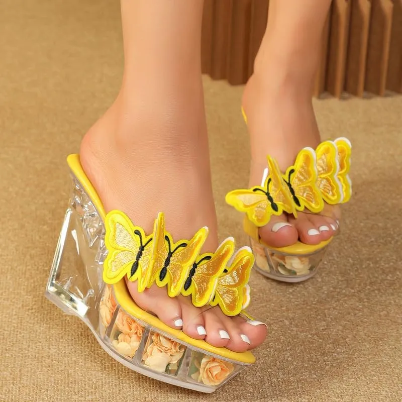richealnini Butterfly Slip On Slippers Wedge Heels Mules for Women Slide Sandals Clear Heel