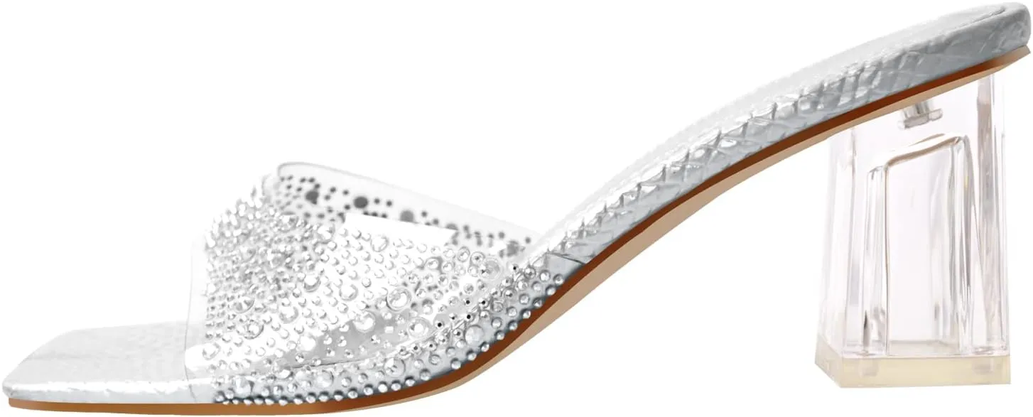 richealnini Clear Heels Slides Sandals Transparent Block Heel Slip On Heeled Mules
