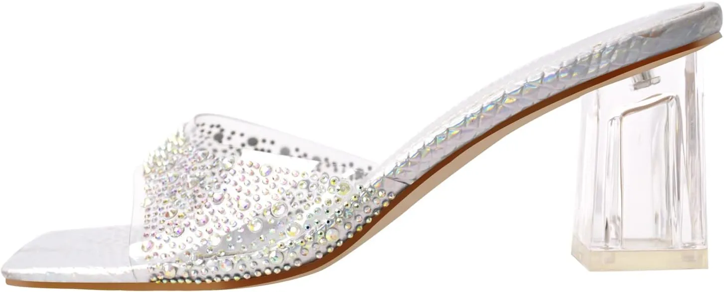 richealnini Clear Heels Slides Sandals Transparent Block Heel Slip On Heeled Mules