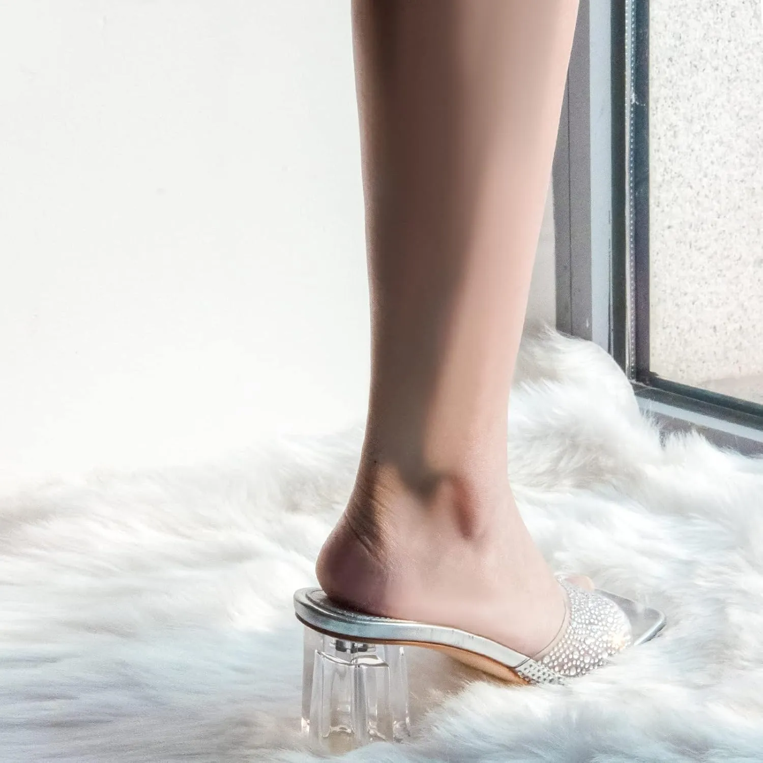 richealnini Clear Heels Slides Sandals Transparent Block Heel Slip On Heeled Mules