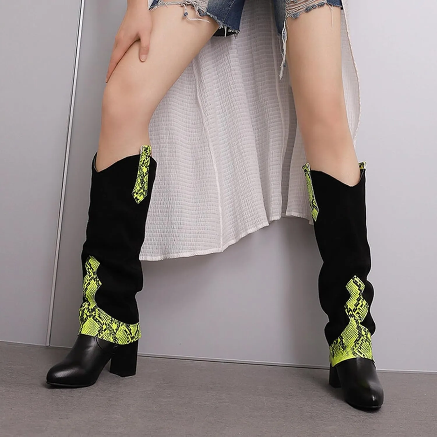 SACFOF Boots for Women Snakeskin Western Cowboy Fold Over Knee High Boots Winter Chunky Mid Heel Cowgirl Boots