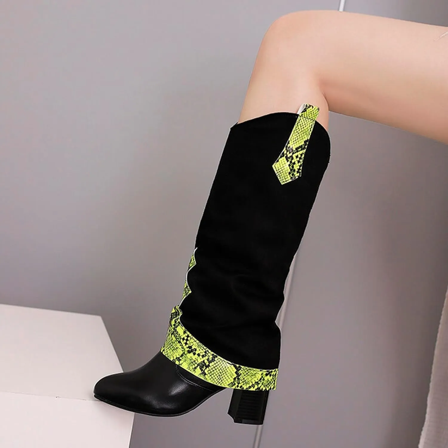 SACFOF Boots for Women Snakeskin Western Cowboy Fold Over Knee High Boots Winter Chunky Mid Heel Cowgirl Boots