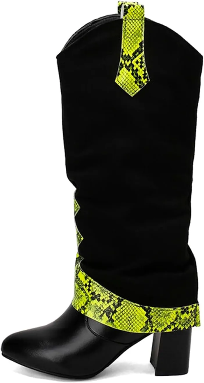 SACFOF Boots for Women Snakeskin Western Cowboy Fold Over Knee High Boots Winter Chunky Mid Heel Cowgirl Boots