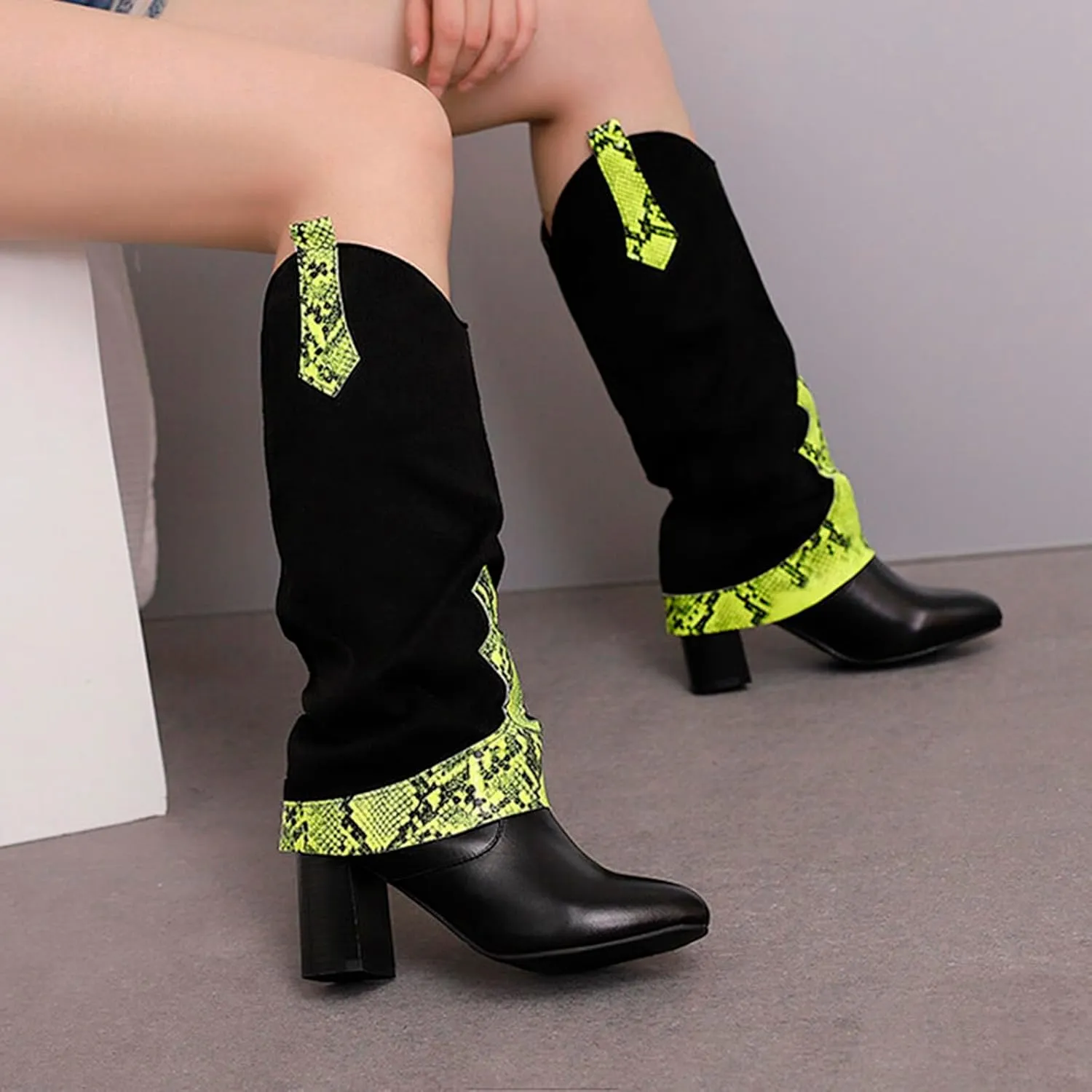 SACFOF Boots for Women Snakeskin Western Cowboy Fold Over Knee High Boots Winter Chunky Mid Heel Cowgirl Boots