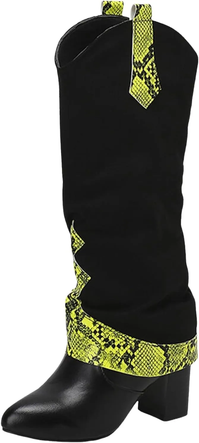 SACFOF Boots for Women Snakeskin Western Cowboy Fold Over Knee High Boots Winter Chunky Mid Heel Cowgirl Boots