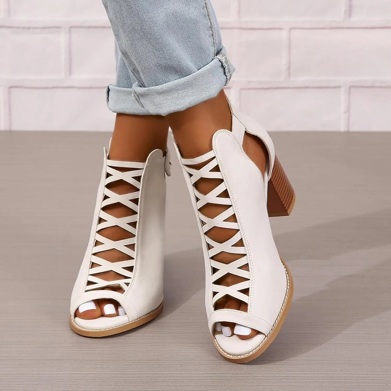 SACFOF Women Open Toe Crisscross High Heel Sandals Faux Suede Cutout Sandal with Adjustable Ankle Strap and Back Zipper