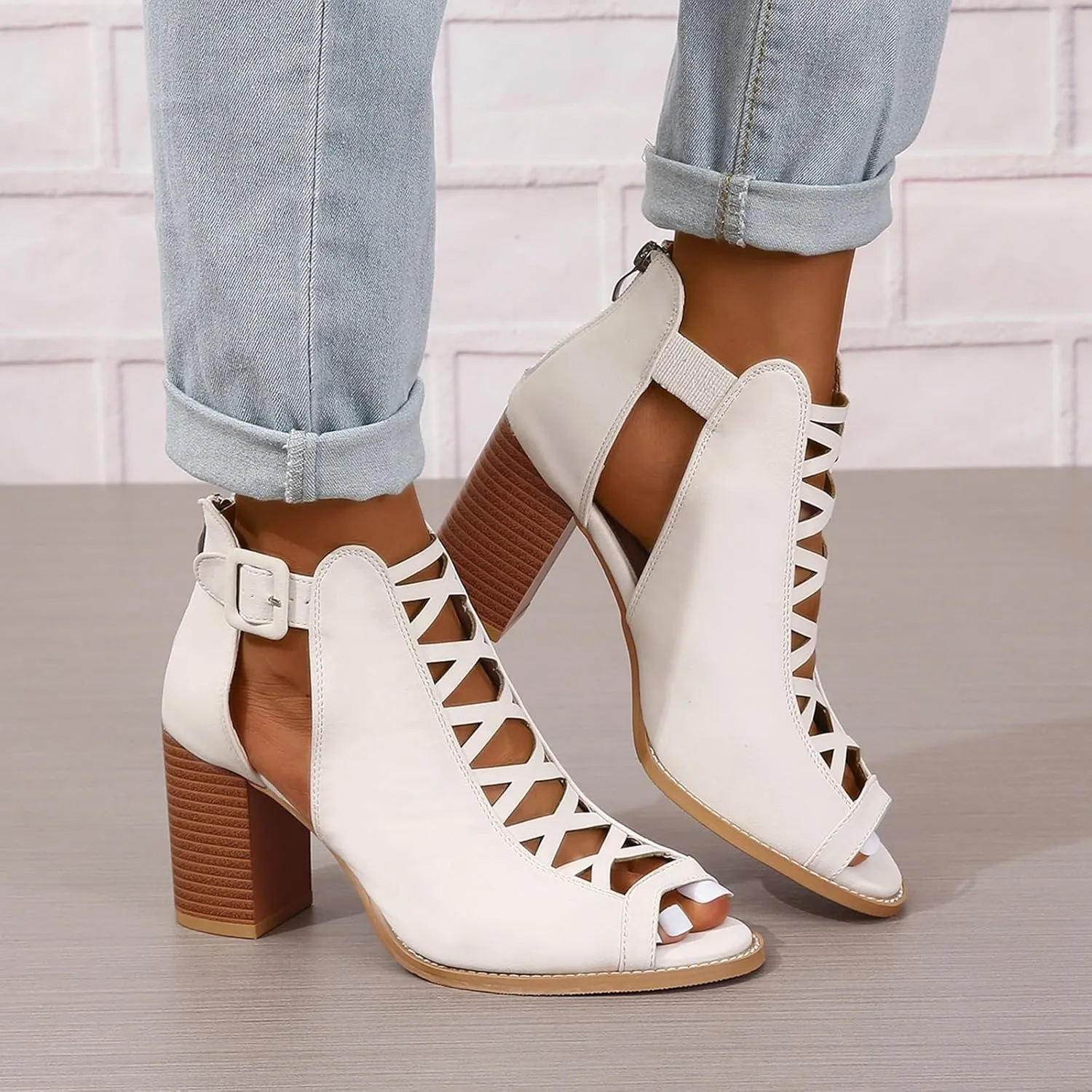 SACFOF Women Open Toe Crisscross High Heel Sandals Faux Suede Cutout Sandal with Adjustable Ankle Strap and Back Zipper