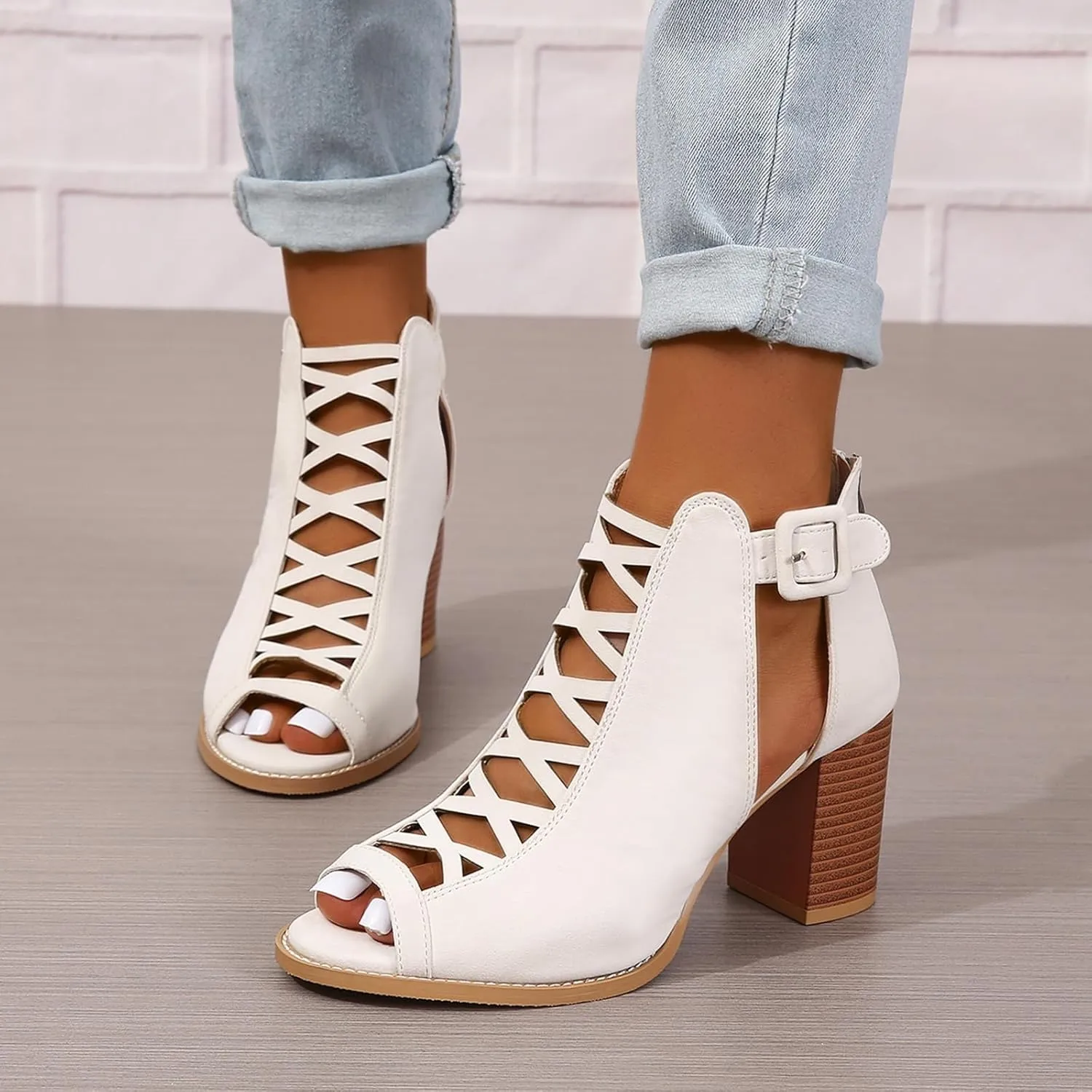 SACFOF Women Open Toe Crisscross High Heel Sandals Faux Suede Cutout Sandal with Adjustable Ankle Strap and Back Zipper