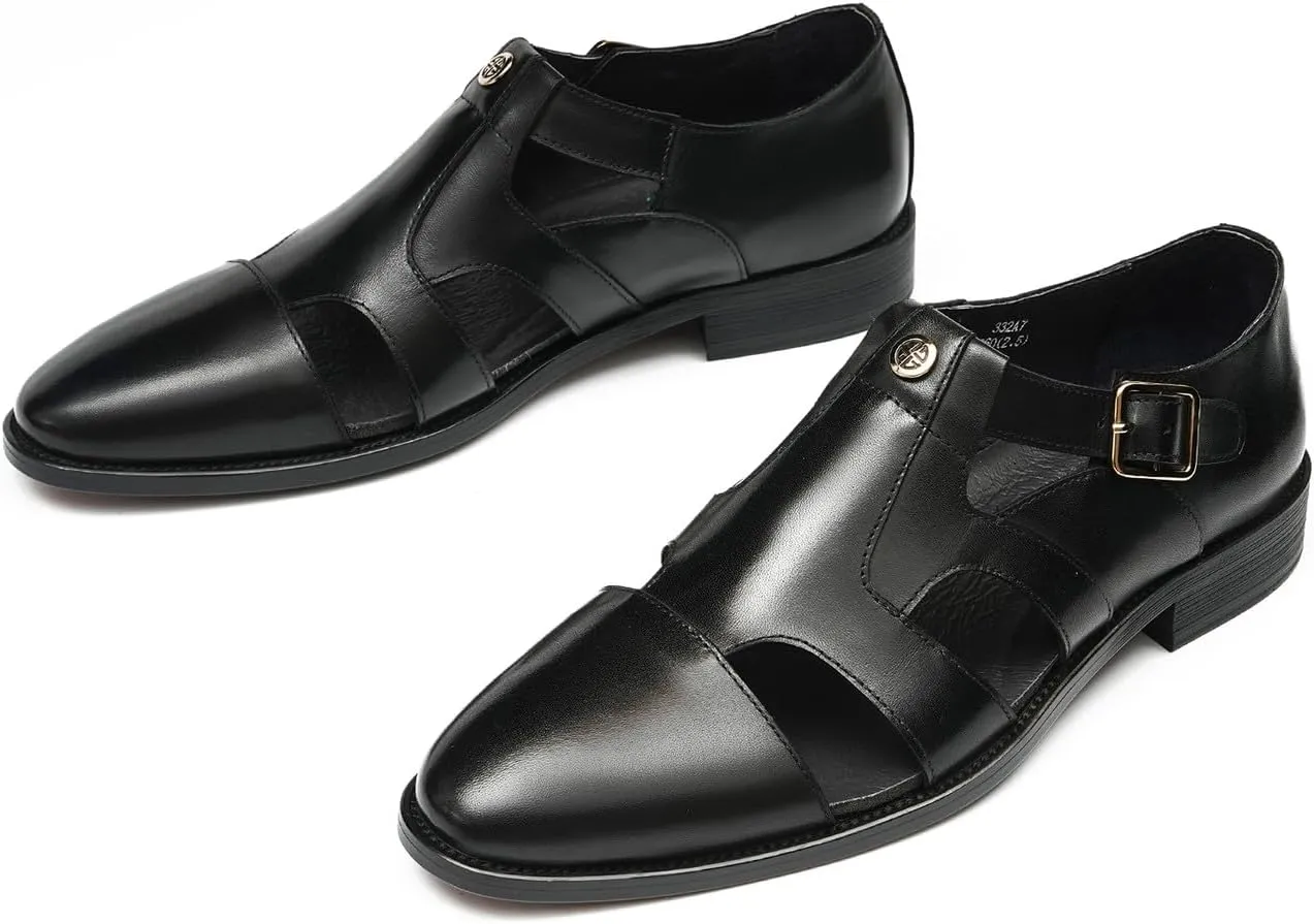 Santimon Men's Leather Dress Sandals with Agraffe Buckle| Business Casual Loafers Shoes | Breathable Comfortable Wide Adjustable Straps Summer Loafers