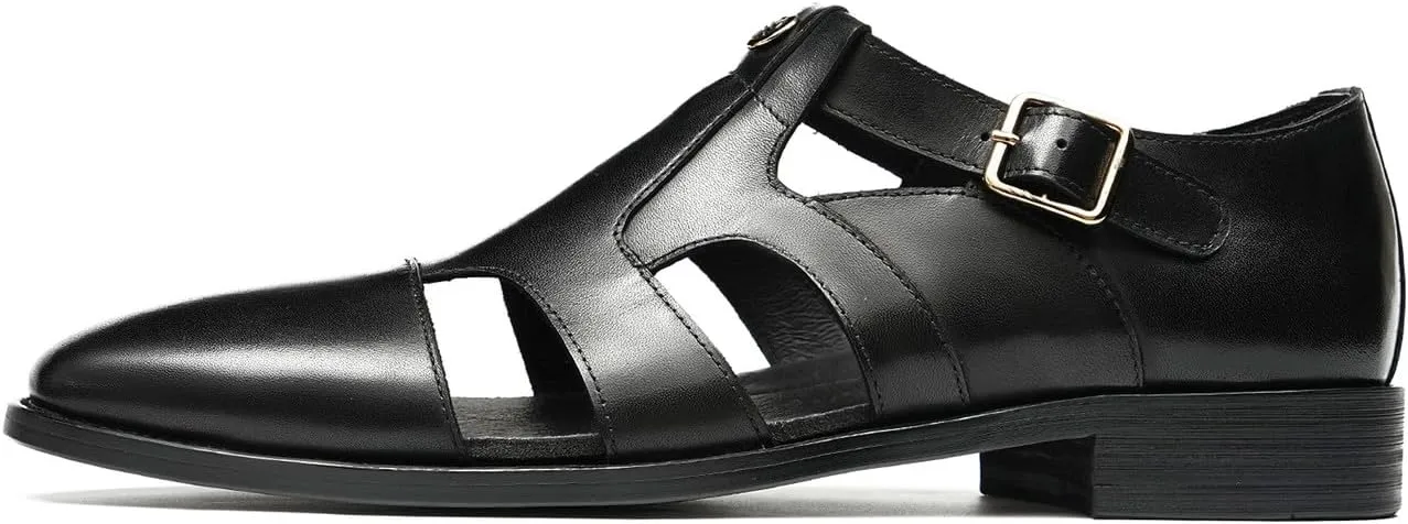 Santimon Men's Leather Dress Sandals with Agraffe Buckle| Business Casual Loafers Shoes | Breathable Comfortable Wide Adjustable Straps Summer Loafers