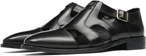 Santimon Men's Leather Dress Sandals with Agraffe Buckle| Business Casual Loafers Shoes | Breathable Comfortable Wide Adjustable Straps Summer Loafers