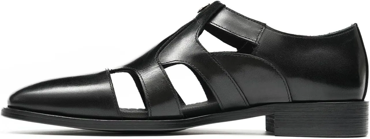Santimon Men's Leather Dress Sandals with Agraffe Buckle| Business Casual Loafers Shoes | Breathable Comfortable Wide Adjustable Straps Summer Loafers
