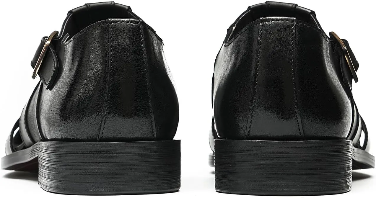 Santimon Men's Leather Dress Sandals with Agraffe Buckle| Business Casual Loafers Shoes | Breathable Comfortable Wide Adjustable Straps Summer Loafers