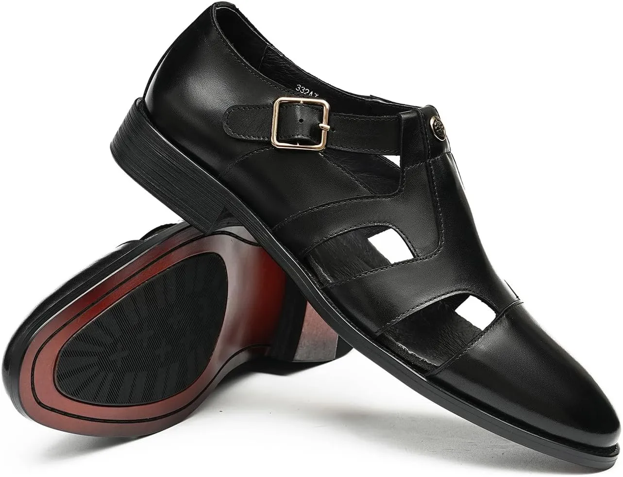 Santimon Men's Leather Dress Sandals with Agraffe Buckle| Business Casual Loafers Shoes | Breathable Comfortable Wide Adjustable Straps Summer Loafers