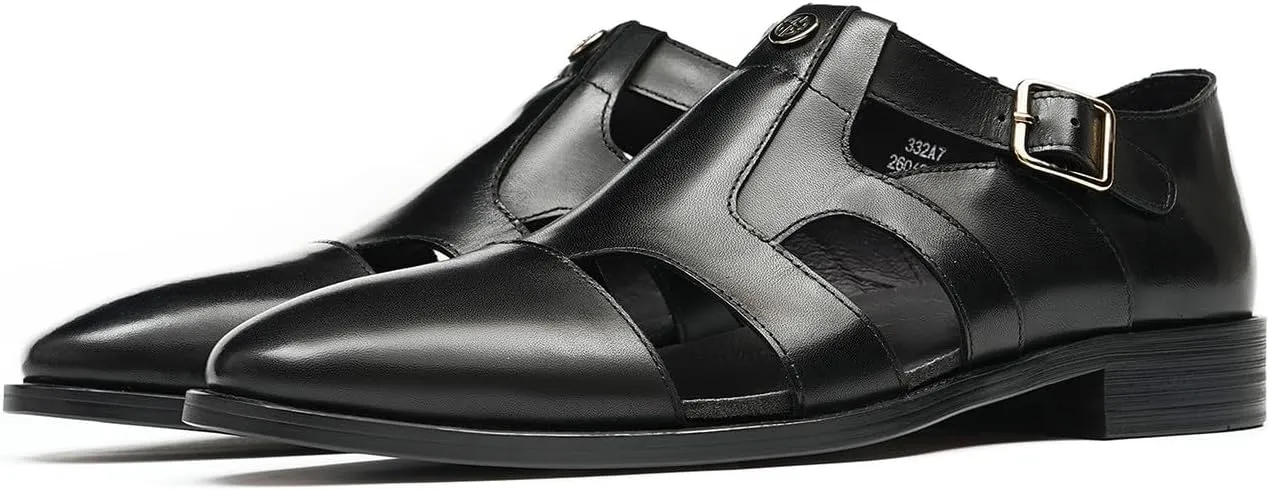 Santimon Men's Leather Dress Sandals with Agraffe Buckle| Business Casual Loafers Shoes | Breathable Comfortable Wide Adjustable Straps Summer Loafers