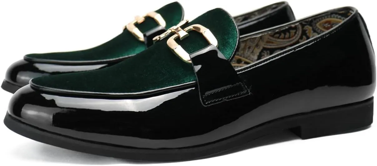 Santimon Velvet Leather Loafers Gold Plaque Fashion Retro Print Lining Pull-on Penny Party Wedding Shoes