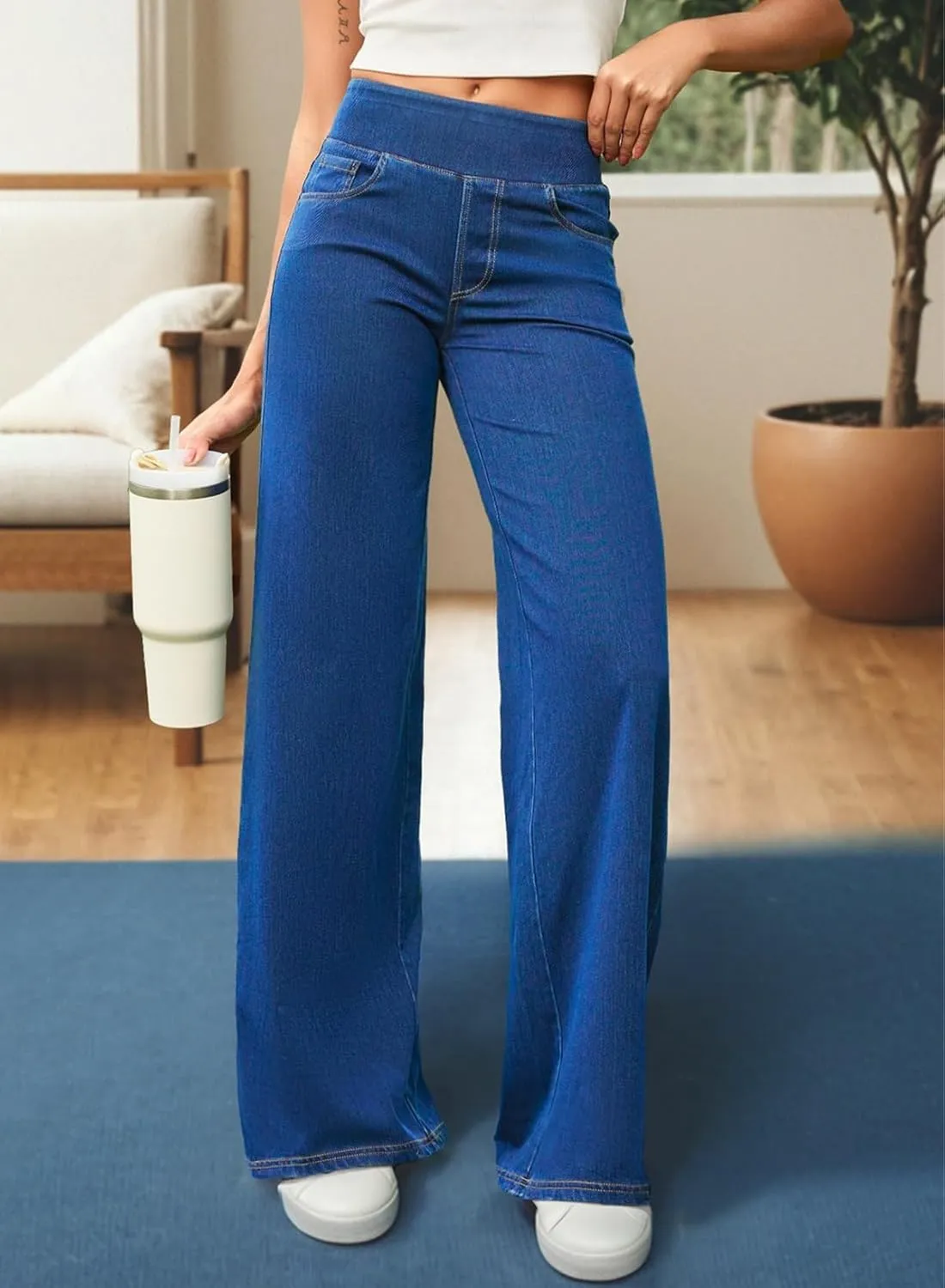 Sidefeel Women's Wide Leg Jeans High Waisted Tummy Control Soft Stretchy Comfort Fit Pull On Denim Pants