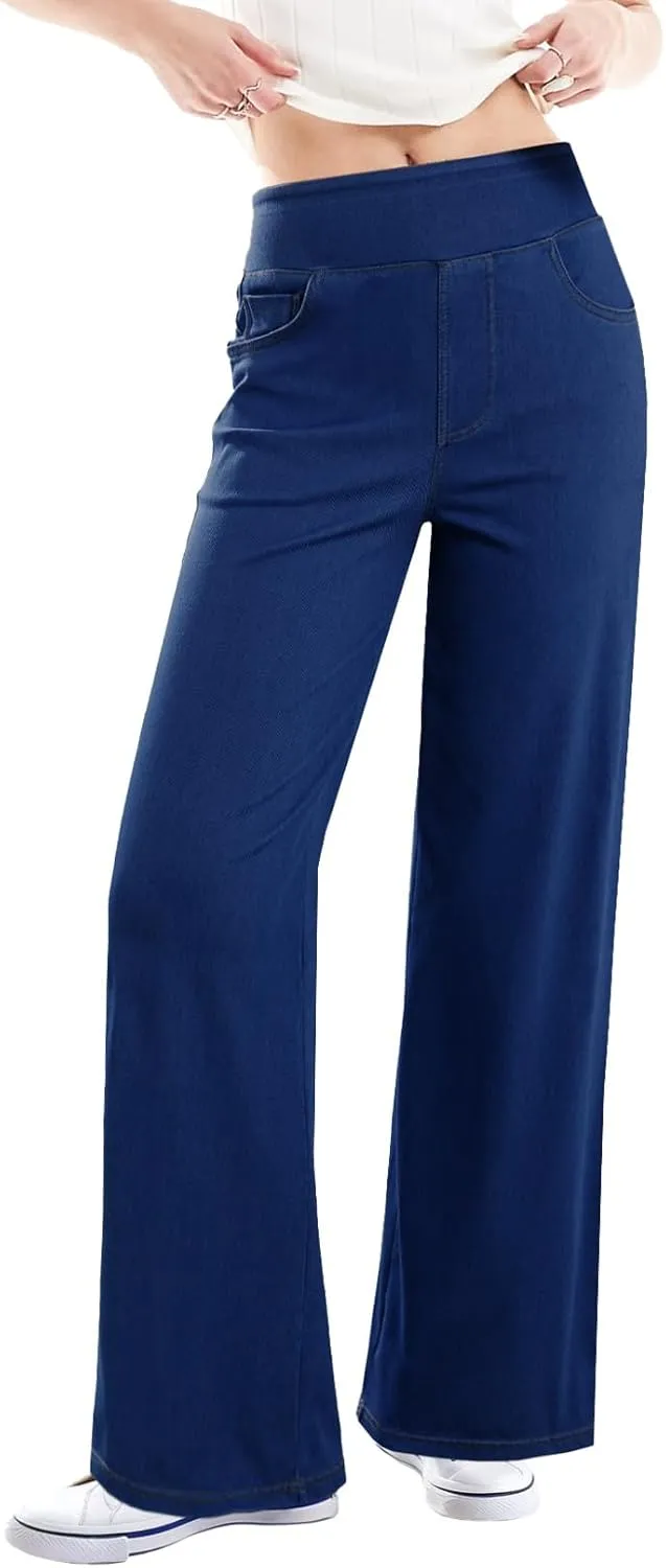 Sidefeel Women's Wide Leg Jeans High Waisted Tummy Control Soft Stretchy Comfort Fit Pull On Denim Pants
