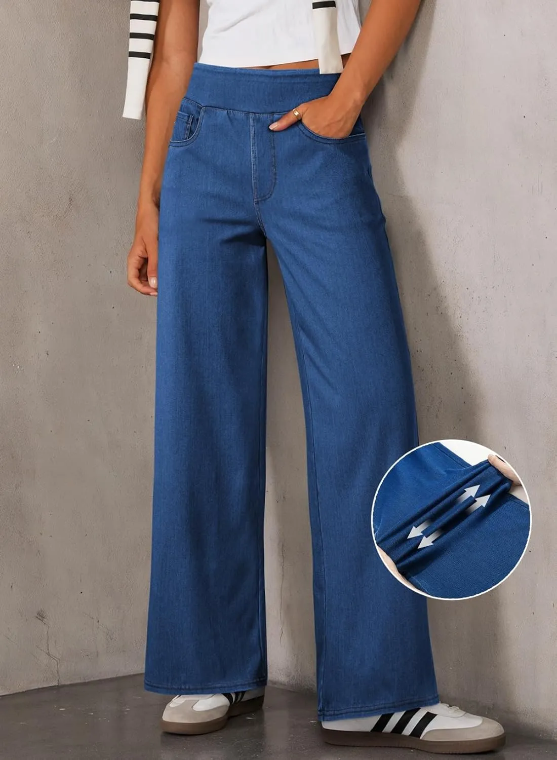 Sidefeel Women's Wide Leg Jeans High Waisted Tummy Control Soft Stretchy Comfort Fit Pull On Denim Pants