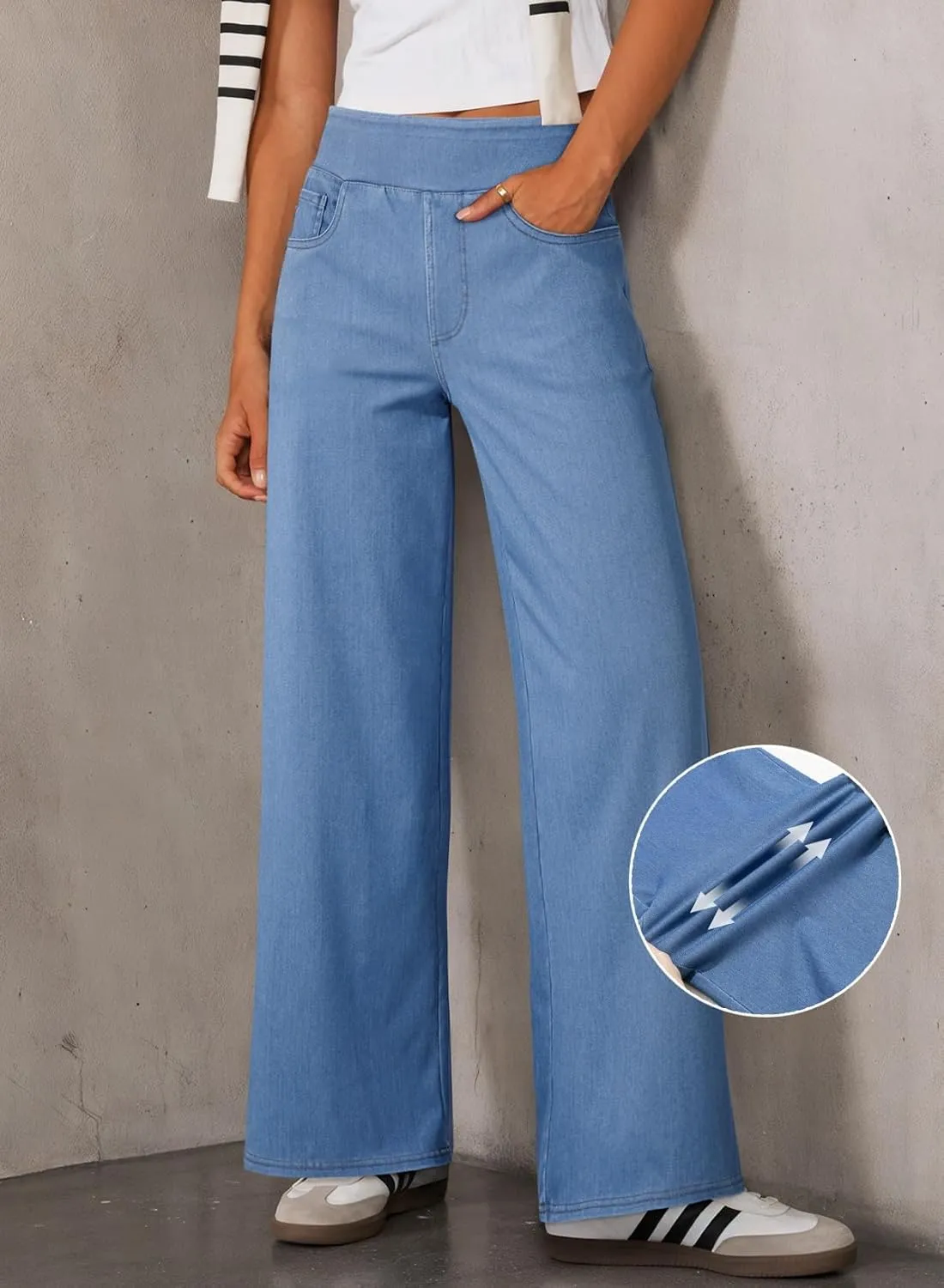 Sidefeel Women's Wide Leg Jeans High Waisted Tummy Control Soft Stretchy Comfort Fit Pull On Denim Pants