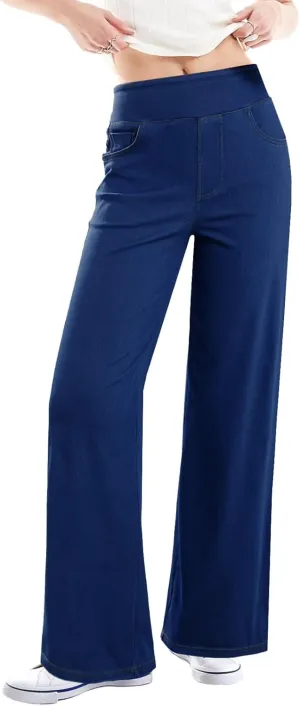 Sidefeel Women's Wide Leg Jeans High Waisted Tummy Control Soft Stretchy Comfort Fit Pull On Denim Pants