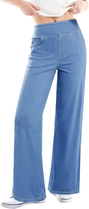 Sidefeel Women's Wide Leg Jeans High Waisted Tummy Control Soft Stretchy Comfort Fit Pull On Denim Pants