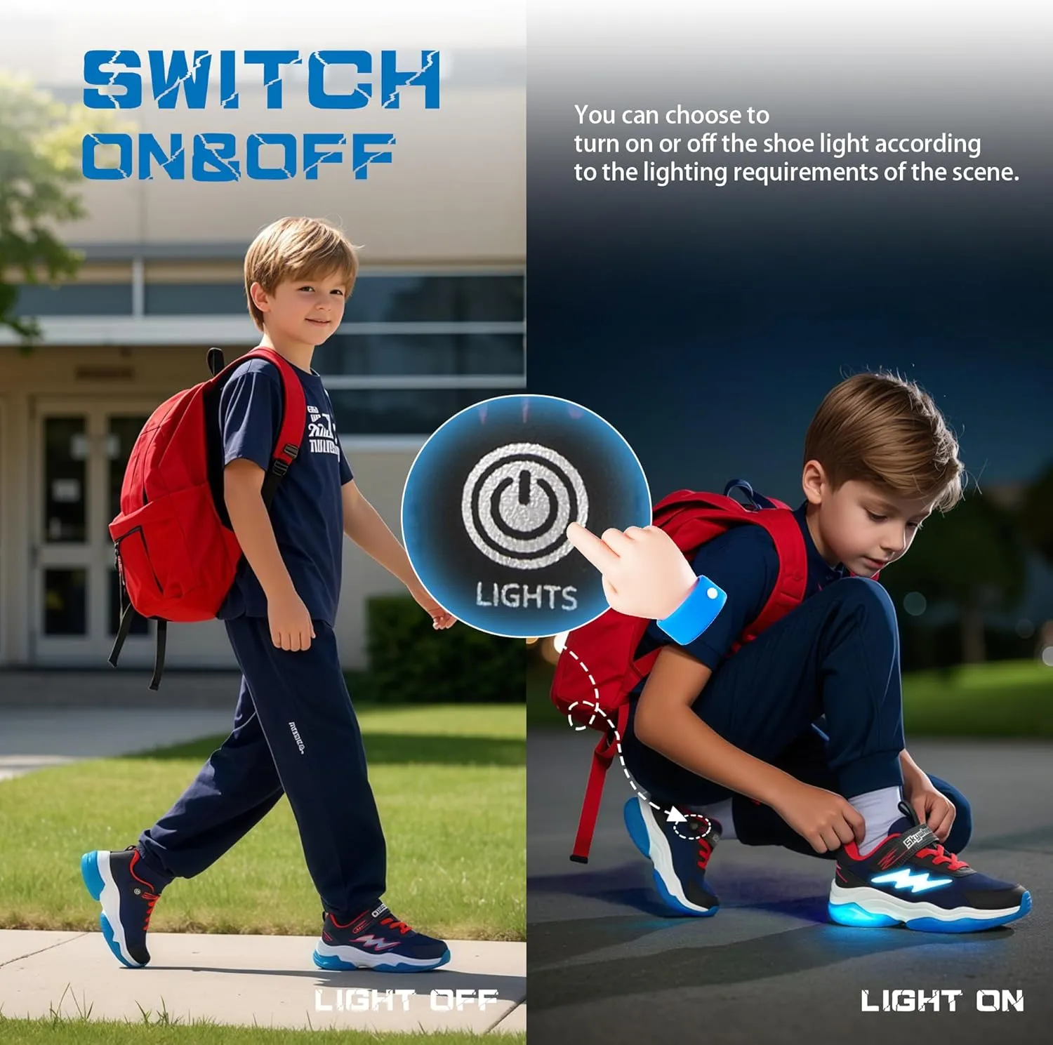 SKYWHEEL Kids Sneakers for Boys Light Up Shoes with Switch Tennis Running Athletic Shoes Toddler Size 10 to Big Kids Size 5