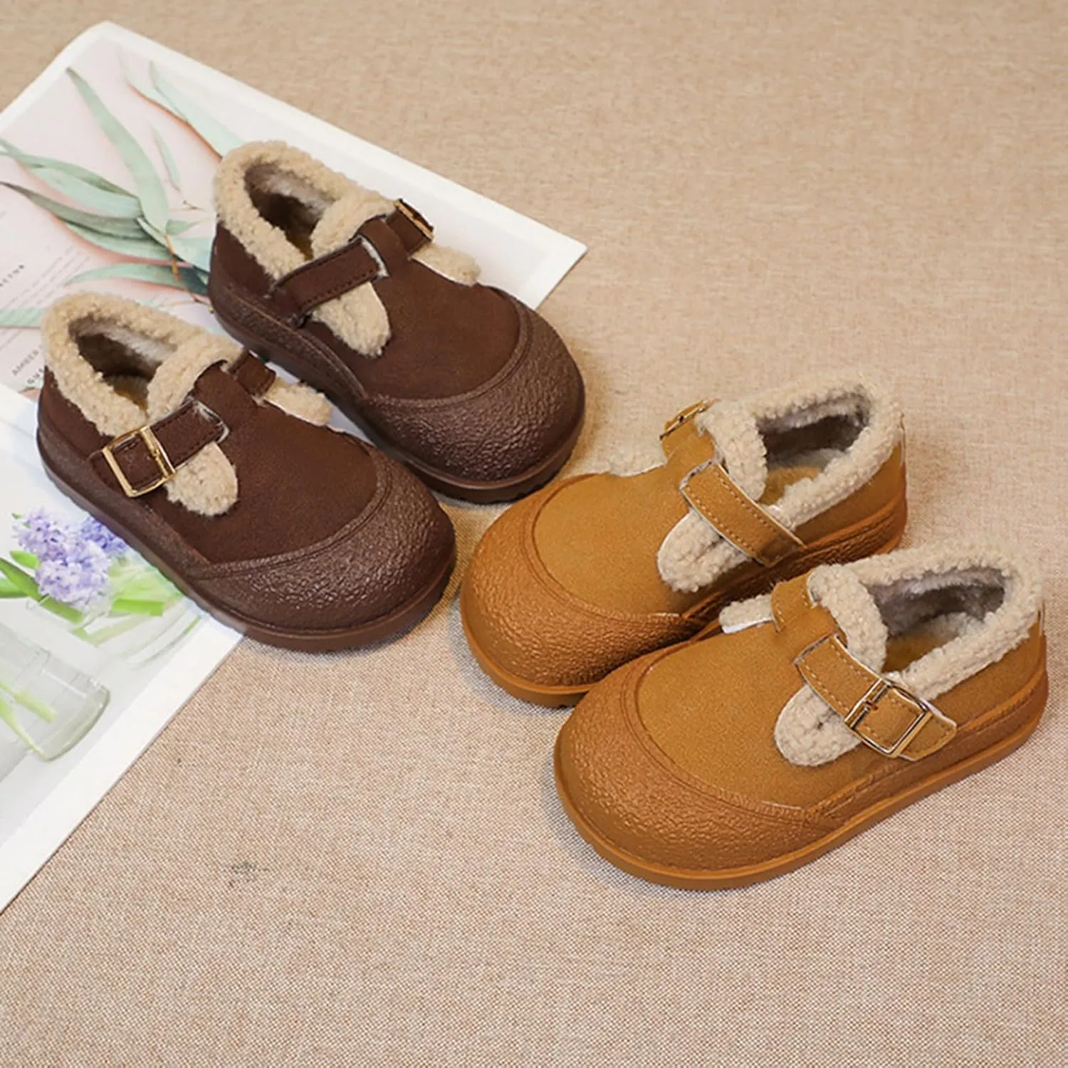 Snow Sneakers for Boys Girls, Suede Platform Warm F𝘂r Lined Fashion Slip-on Comfortable Winter Flat Creature Boots