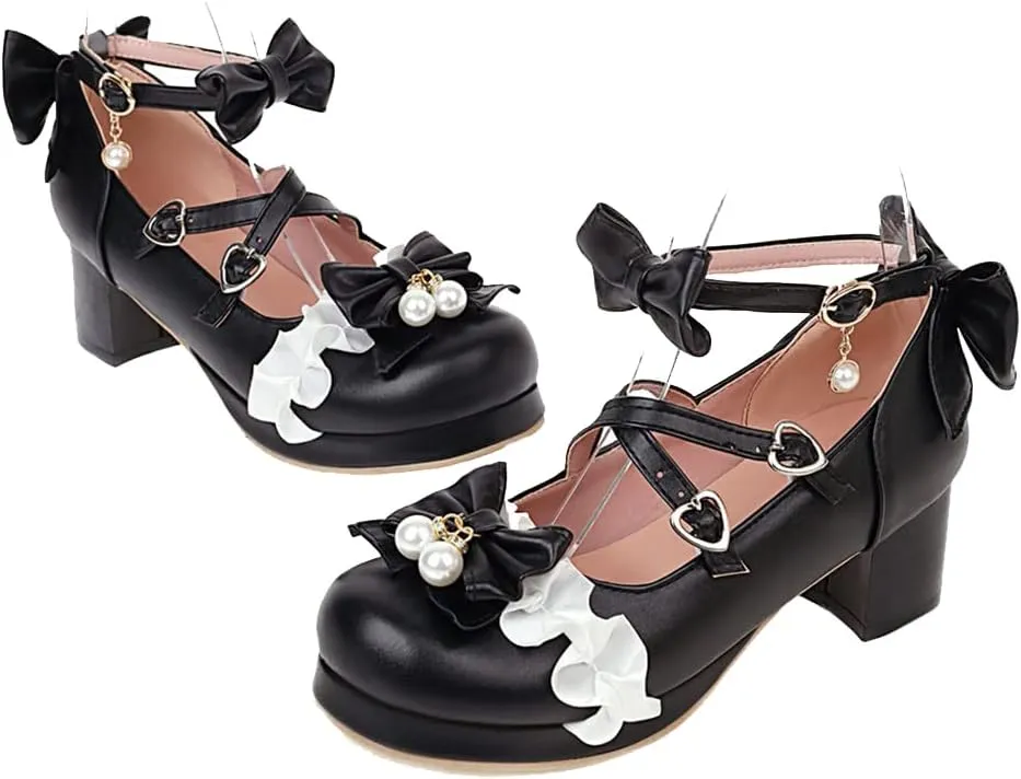 SO SIMPOK Women Sweet Bow Lolita Shoes Platform Mary Janes Chunky Heel Lace Cosplay Cute Strappy Comfort Princess Dress Shoes