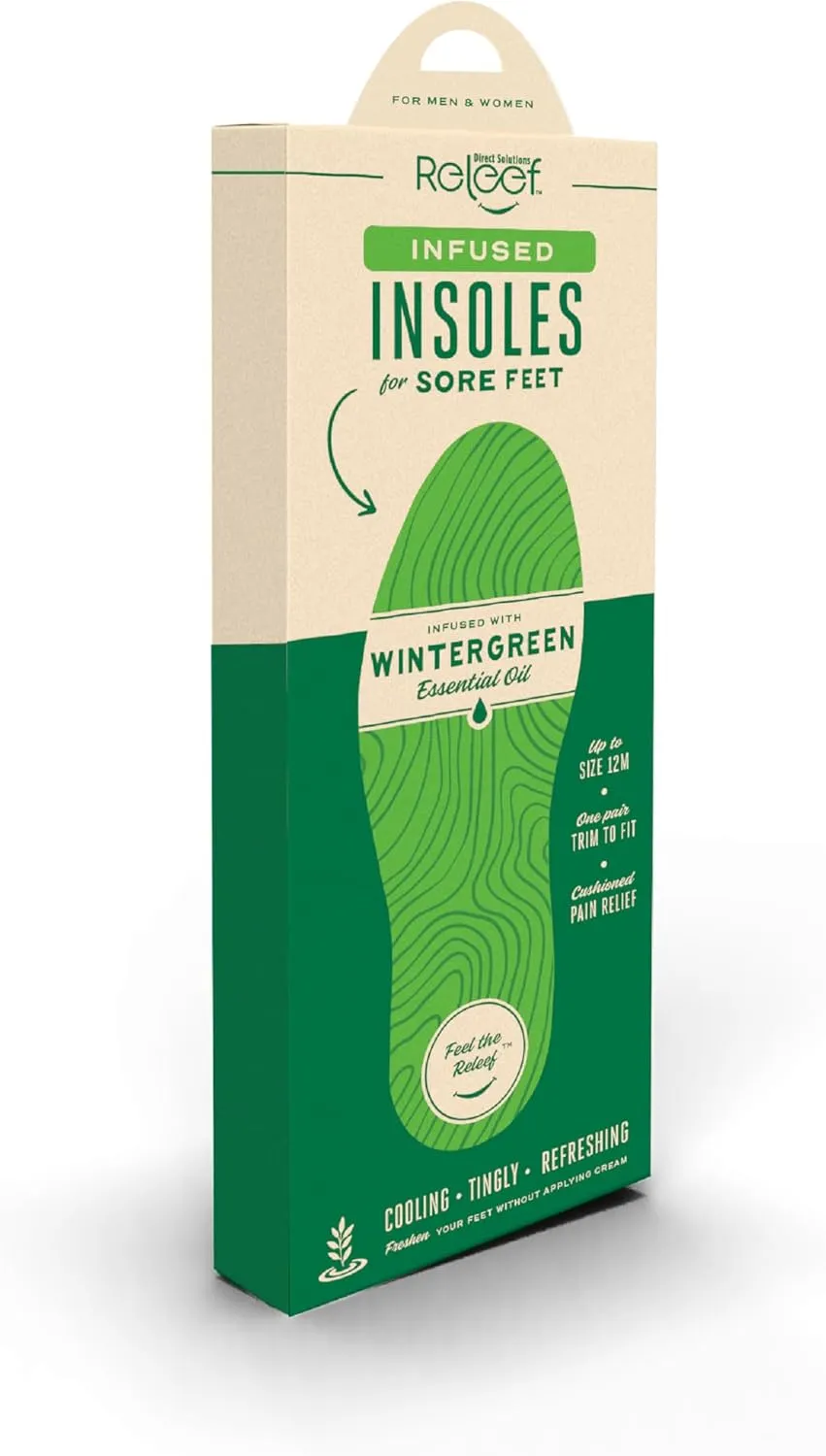 Sore Feet Relief Infused Insoles for Men and Women | Wintergreen Oil Cushioned Shoe Inserts | Shock Absorbing Latex Free | Cut to Fit for Work Boots, Sneakers, Pumps