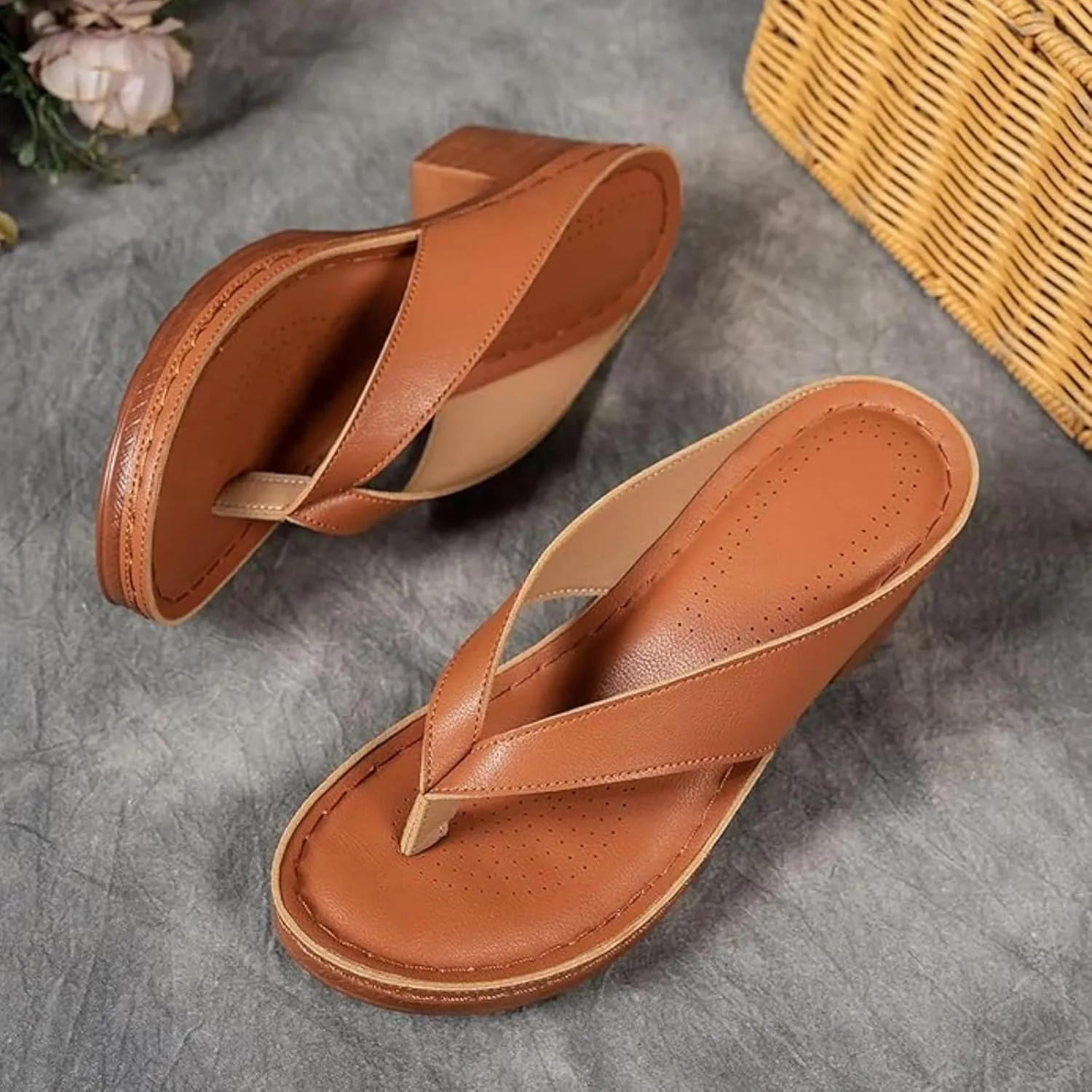 Summer Heel Sandals for Women 2025 Open Toe Wedges Heels Dressy Casaul Bridal Party Wedding Flip Flops Comfortable Slip On Beach Sandals Breathable Long Walk Sandal